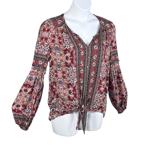 GiGio Womens M Boho Floral Blouse Smocked Cuff Balloon Sleeves Hippie Artsy Top - Picture 1 of 16